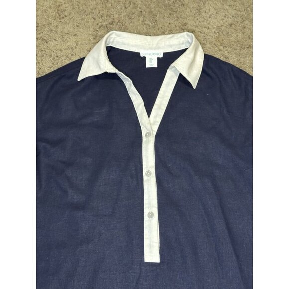 CYNTHIA ROWLEY Navy White Linen Blend 3/4 Sleeve Shirt Dress Beach Coastal SMALL - Picture 11 of 11